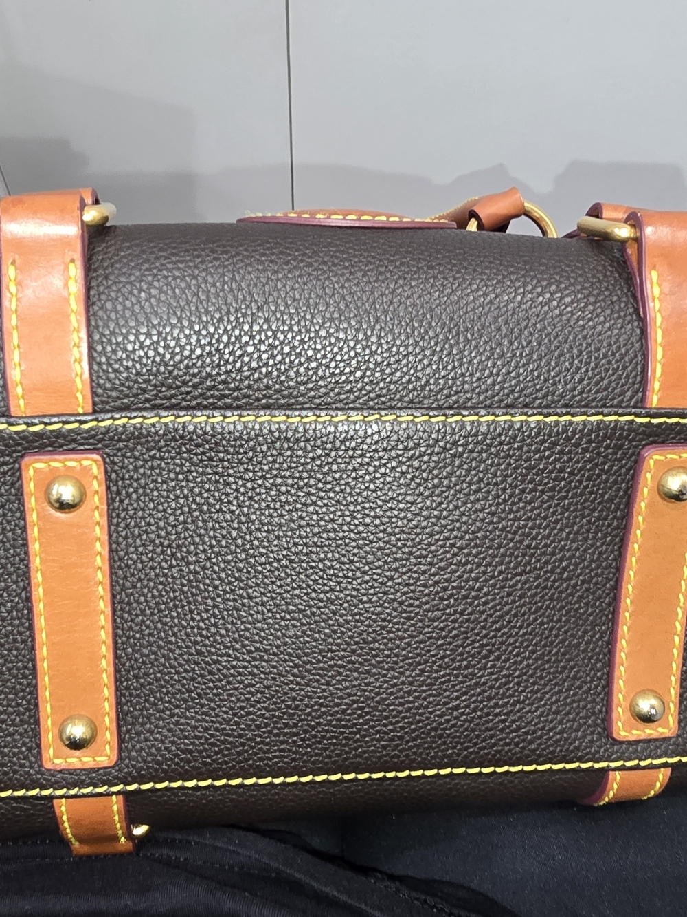 Dooney & Bourke Black Pebble Leather Satchel with Brown Trim and Gold Hardware - Picture 6 of 6